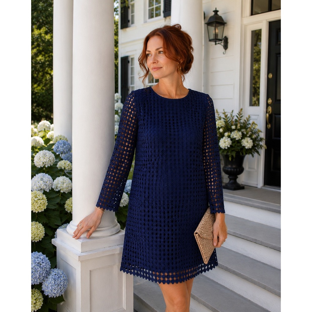 Sail to Sable Navy Blue Circle Lace Long Sleeve Shift Dress Mini Size 4